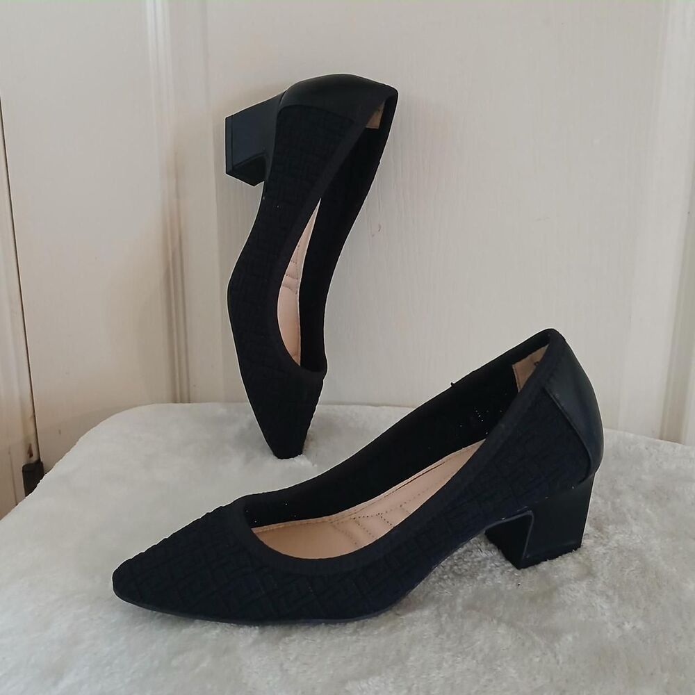 Black Pointed Toe Knit Pumps Chunky Block Kitten Heel 6 Old Money Basic Classic